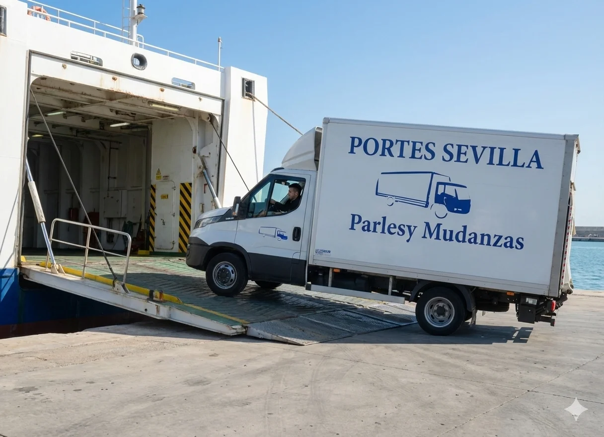 Camión de mudanzas embarcando en ferry