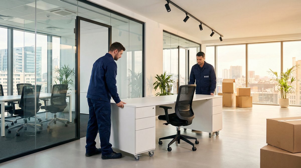 Operarios de Portes Sevilla realizando mudanza de oficina