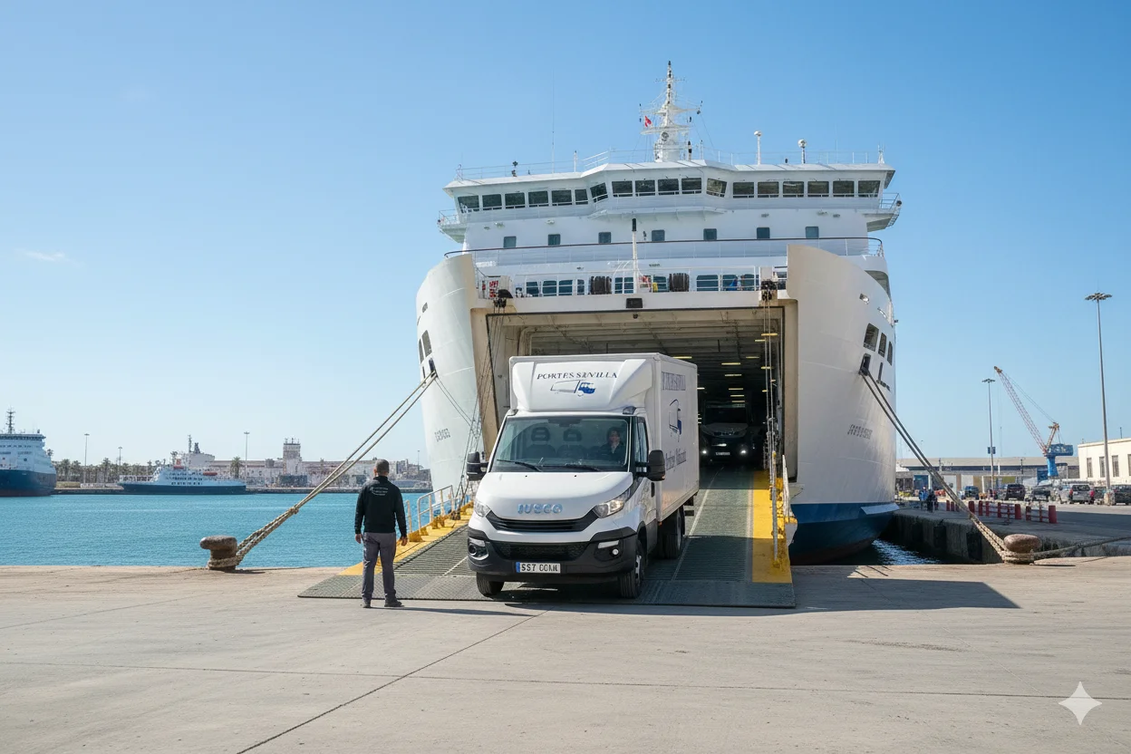 Mudanzas Sevilla Mallorca - Camión Portes Sevilla embarcando en ferry hacia Baleares