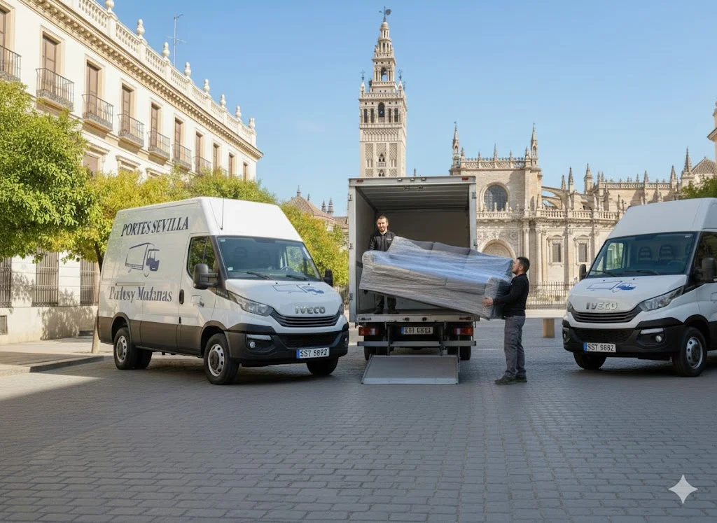 Mudanzas Portes Sevilla - Equipo profesional cargando colchón en camión frente a la Giralda