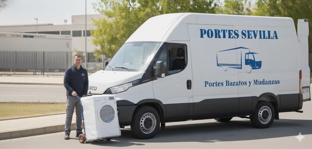 Portes Baratos Sevilla - Profesional con lavadora y furgoneta de Portes Sevilla